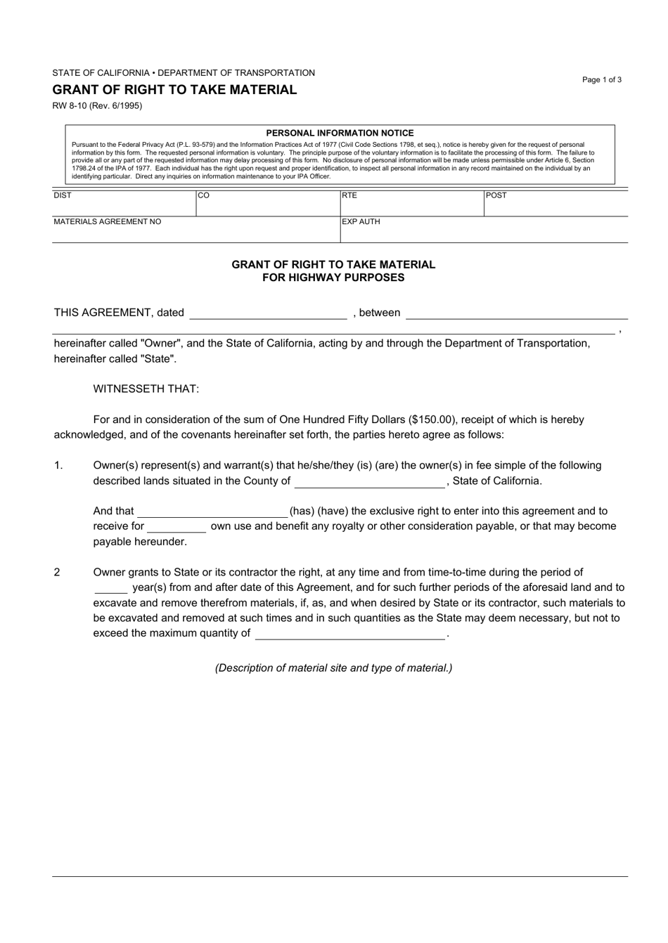 Form RW8-10 Grant of Right to Take Material - California, Page 1