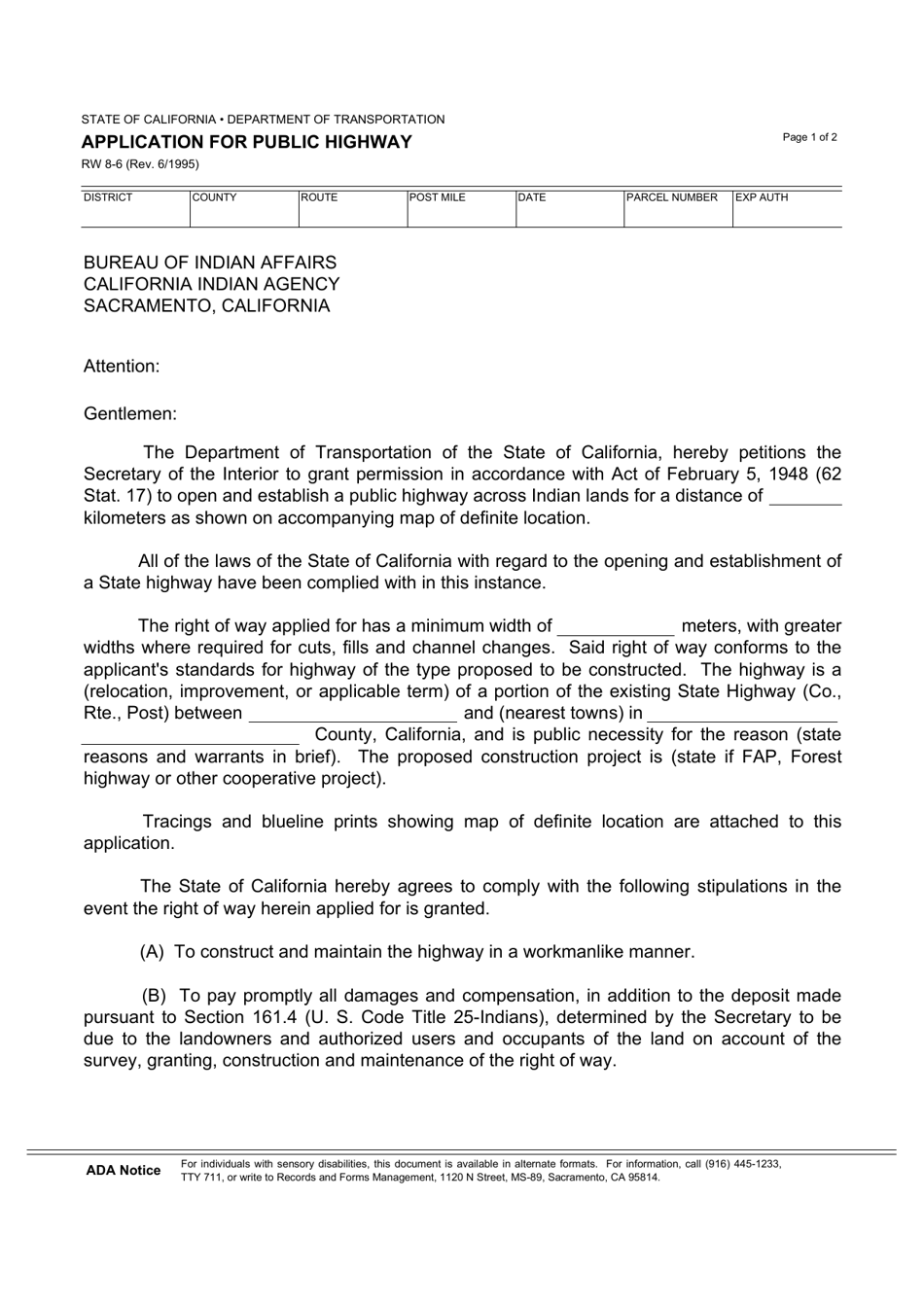 Form RW8-6 Application for Public Highway - California, Page 1