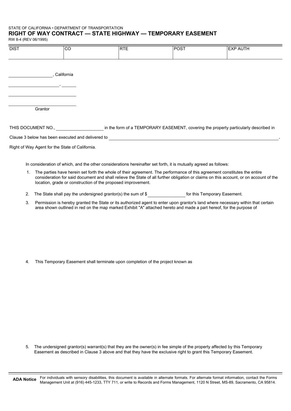 Form RW8-4 Right of Way Contract - State Highway - Temporary Easement - California, Page 1