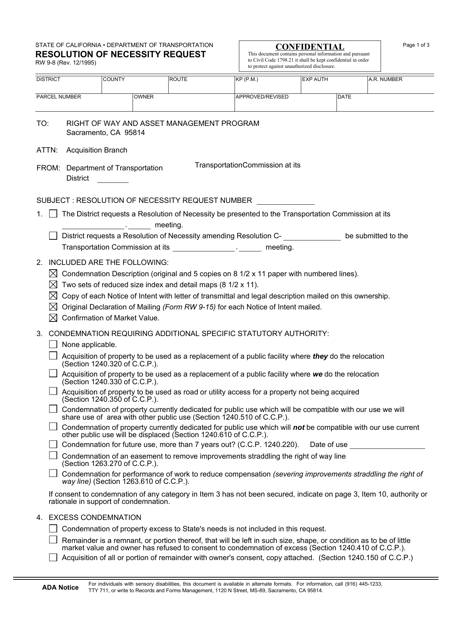 Form RW9-8 Resolution of Necessity Request - California