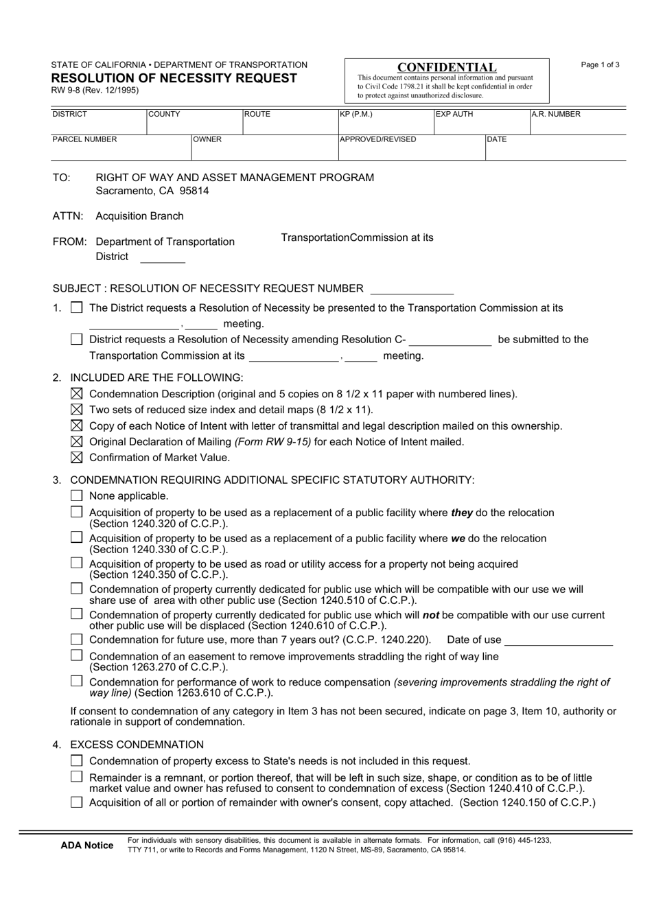 Form RW9-8 Resolution of Necessity Request - California, Page 1