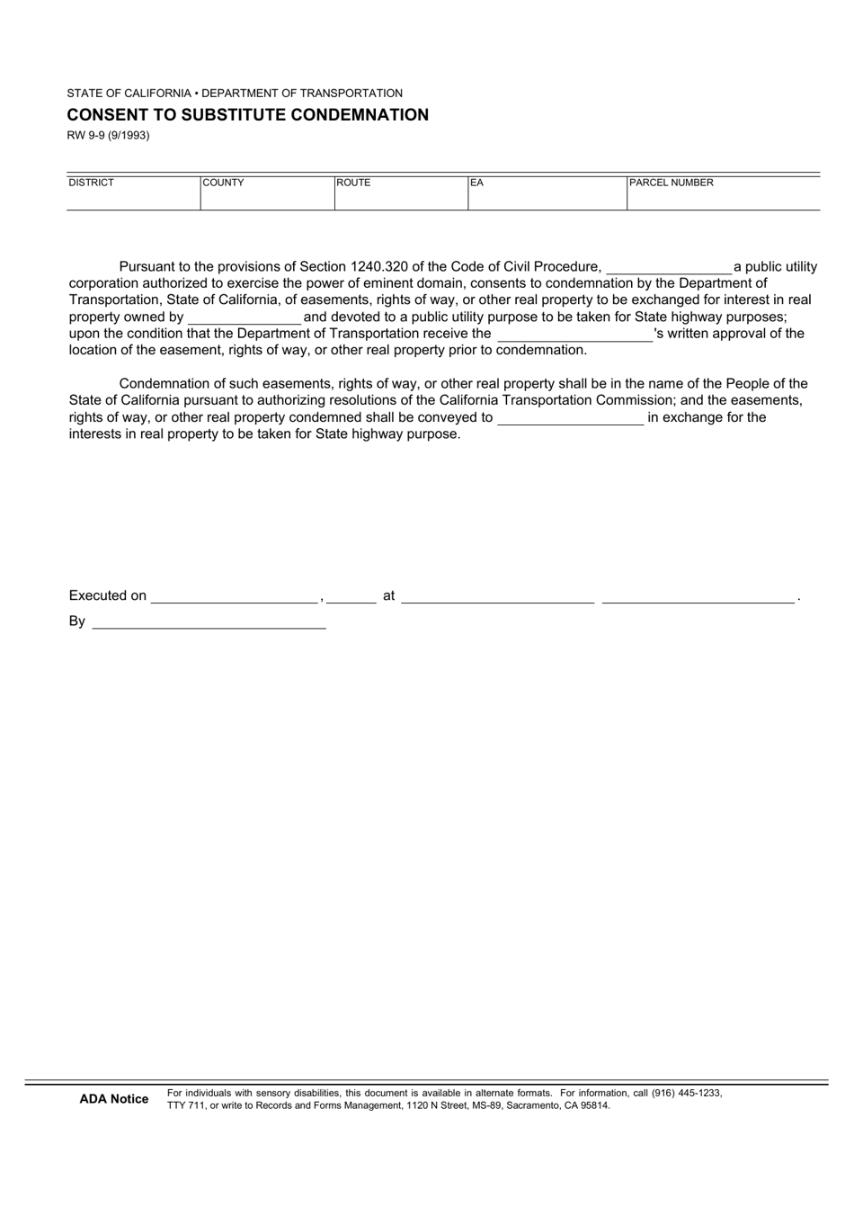 Form RW9-9 Consent to Substitute Condemnation - California, Page 1