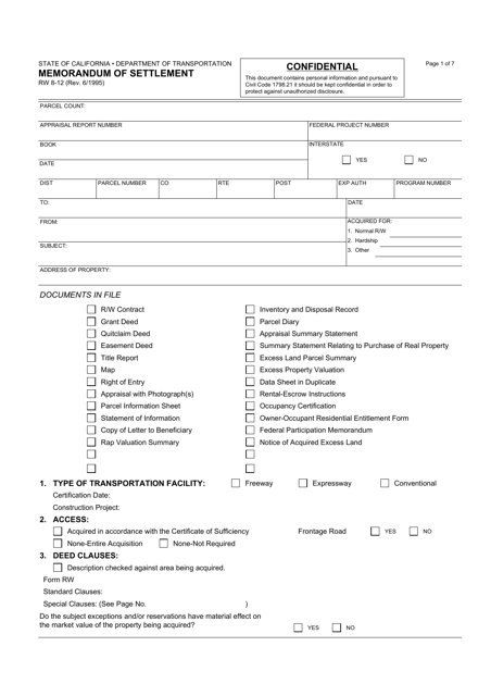Form RW8-12 Memorandum of Settlement - California