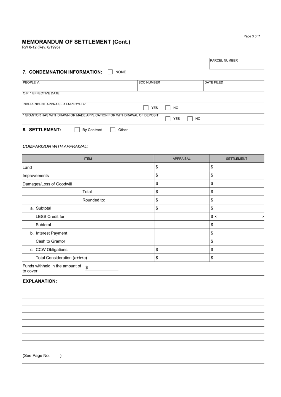 Form RW8-12 Memorandum of Settlement - California, Page 3