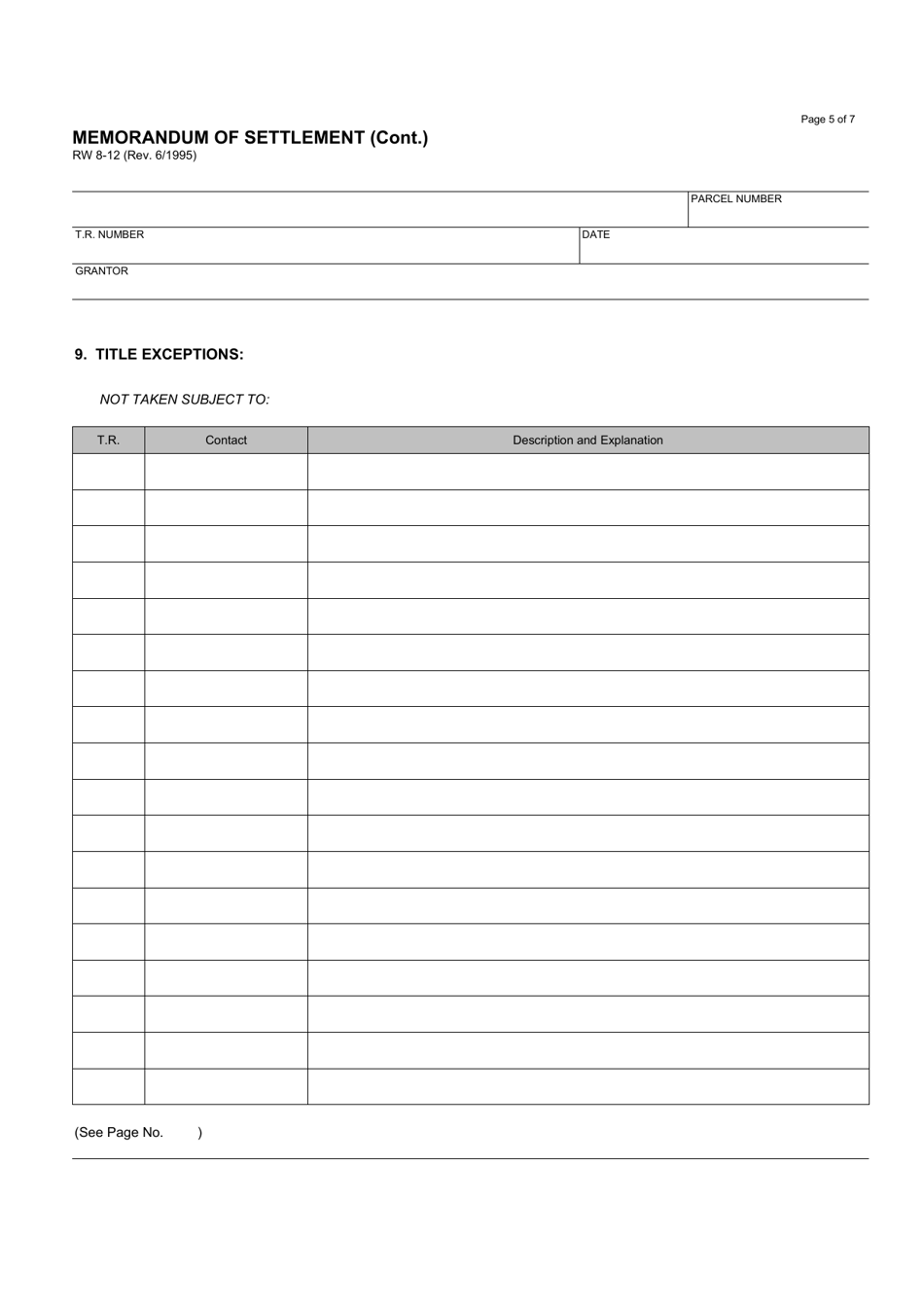 Form RW8-12 Memorandum of Settlement - California, Page 5