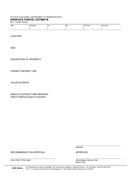 Form RW7-19 Airspace Parcel Estimate - California