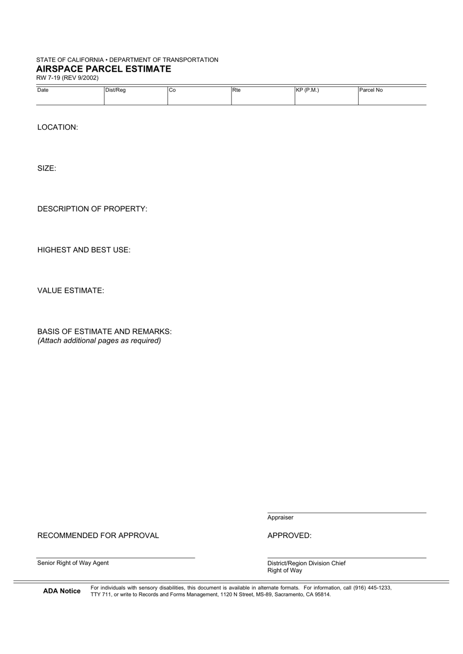 Form RW7-19 Airspace Parcel Estimate - California, Page 1