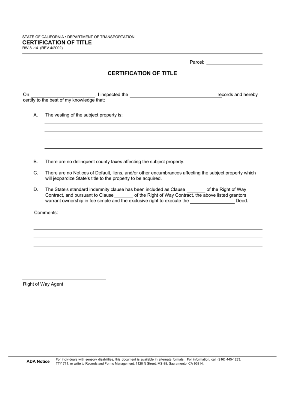 Form RW8-14 Certification of Title - California, Page 1