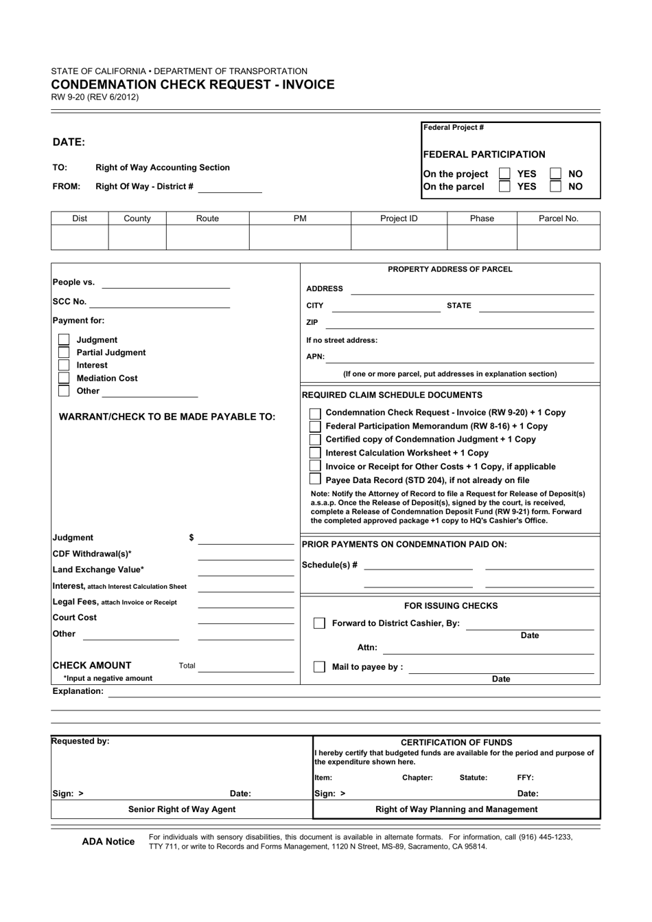 Form RW9-20 Condemnation Check Request - Invoice - California, Page 1