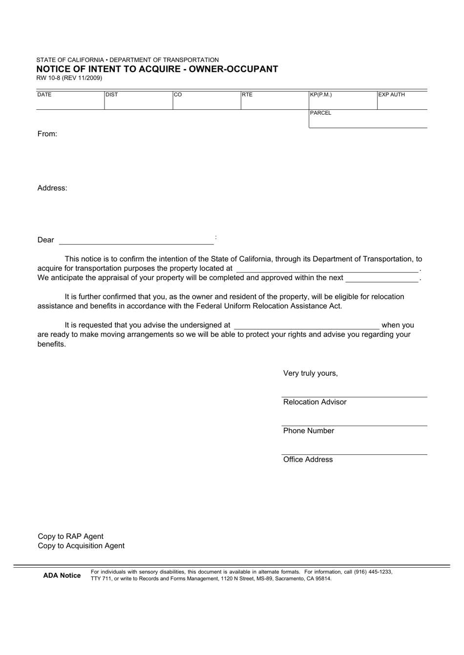 Form RW10-8 Notice of Intent to Acquire - Owner-Occupant - California, Page 1