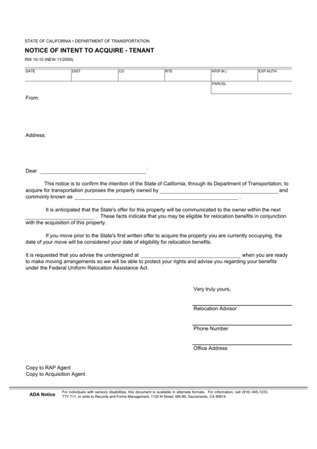 Form RW10-10 Download Fillable PDF or Fill Online Notice to Intent to ...