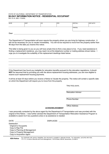Form RW10-18 90-day Information Notice - Residential Occupant - California
