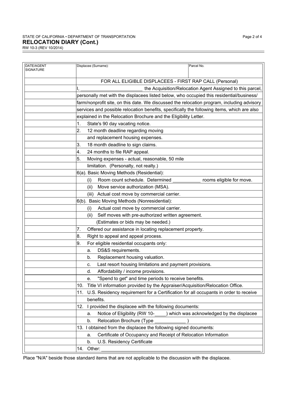 Form RW10-3 Relocation Diary - California, Page 2