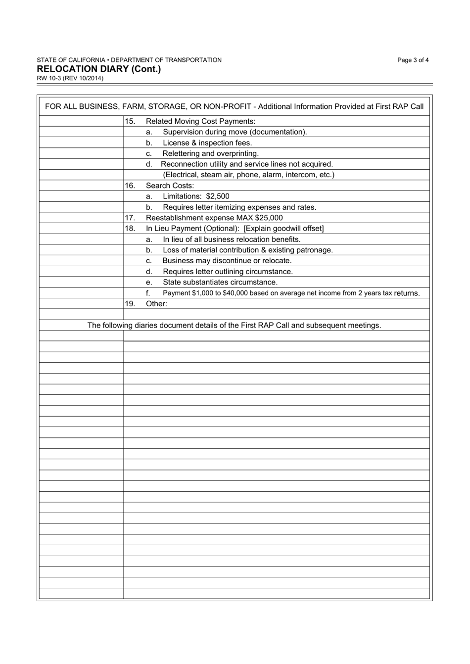 Form RW10-3 Relocation Diary - California, Page 3