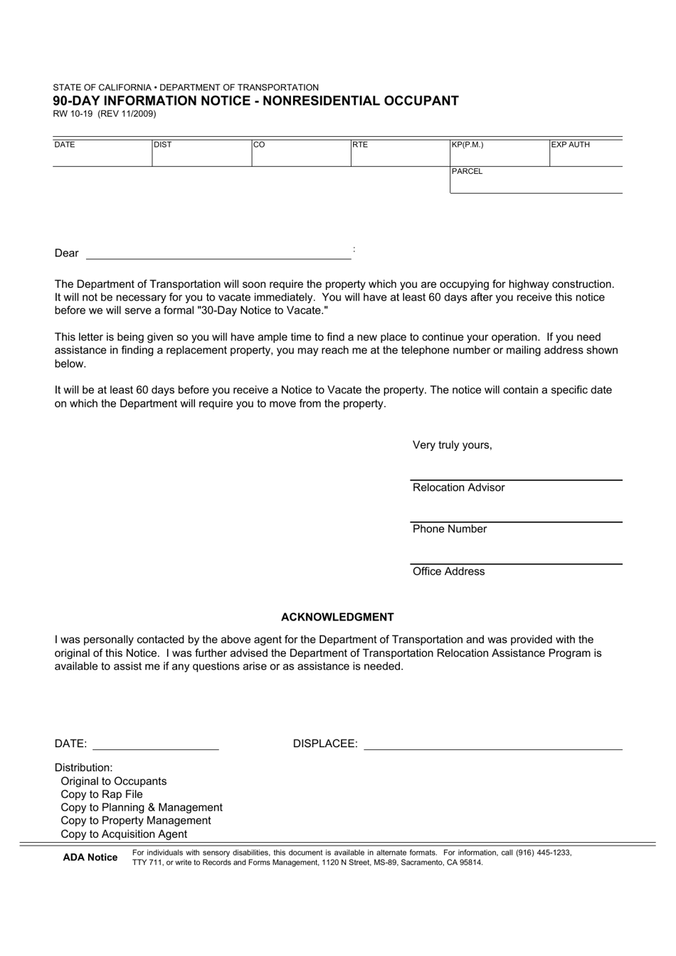 Form RW10-19 90-day Information Notice - Nonresidential Occupant - California, Page 1