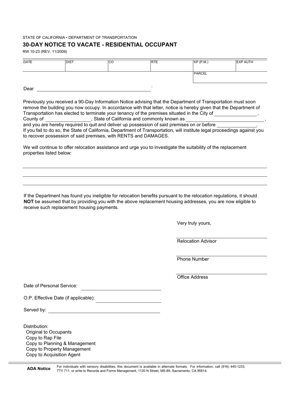 Form RW10-23 30-day Notice to Vacate - Residential Occupant - California, Page 1