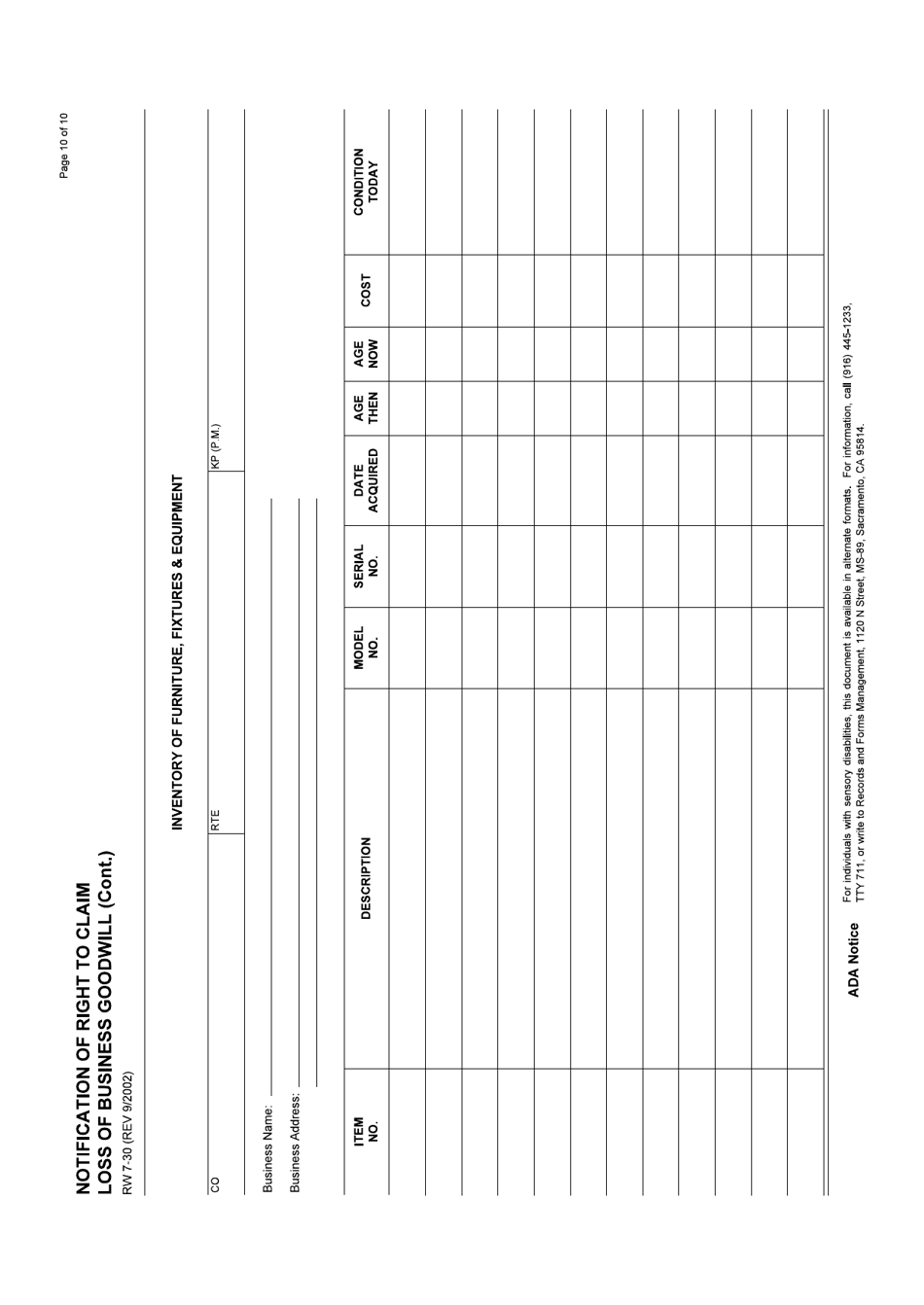 Form RW7-30 Notification of Right to Claim Loss of Business Goodwill - California, Page 10