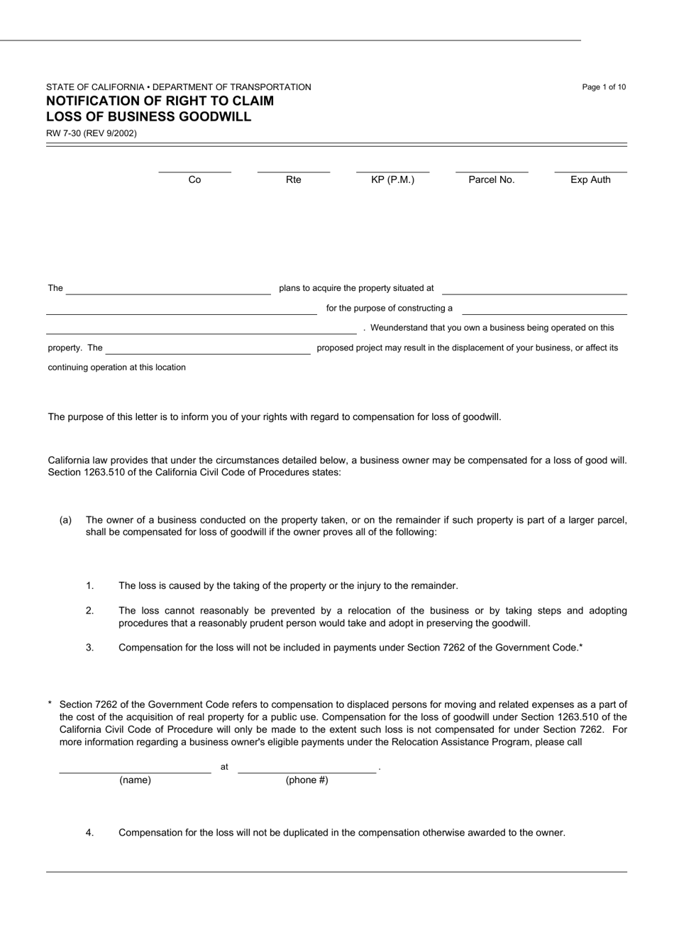 Form RW7-30 Notification of Right to Claim Loss of Business Goodwill - California, Page 1