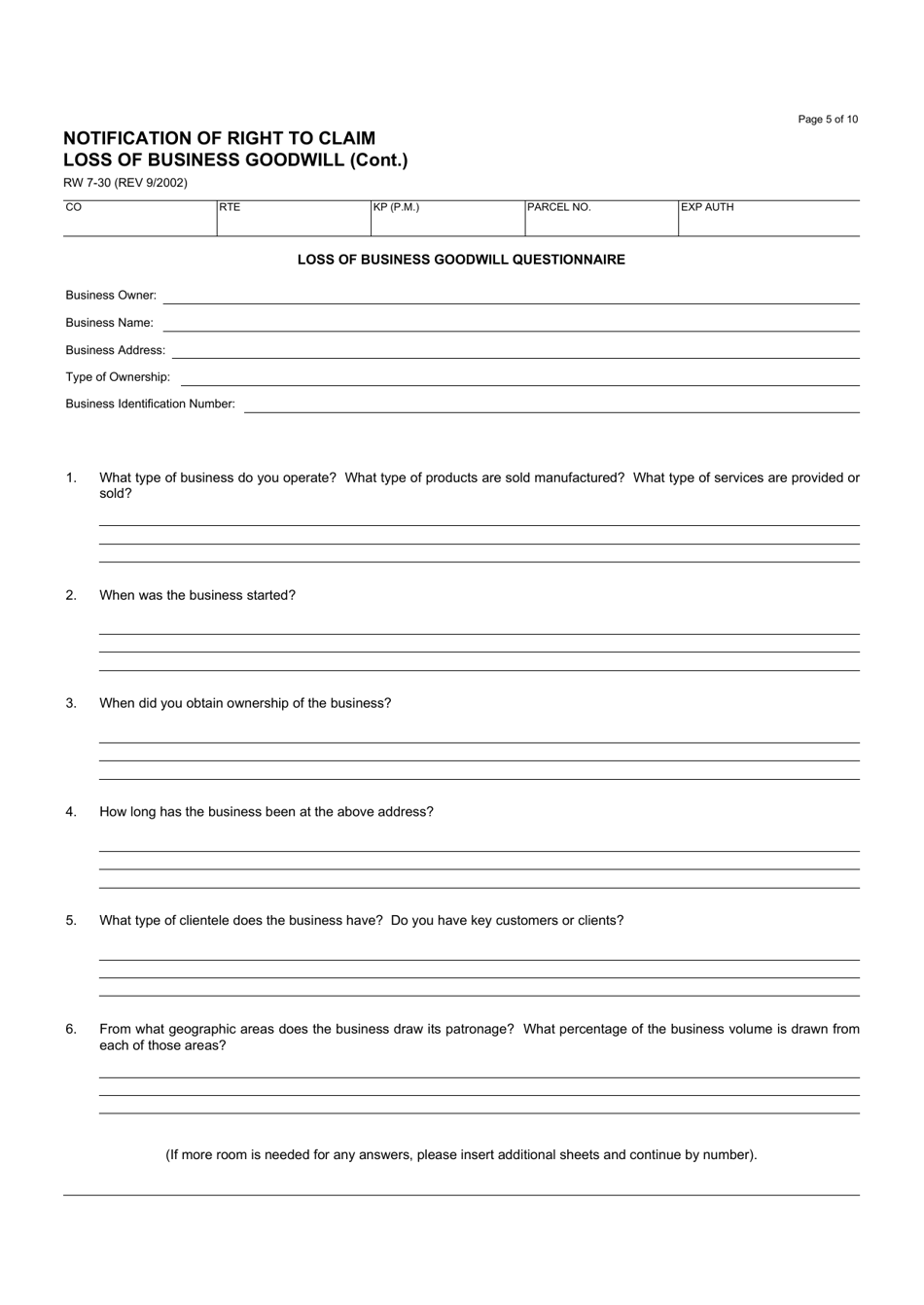 Form RW7-30 Notification of Right to Claim Loss of Business Goodwill - California, Page 5