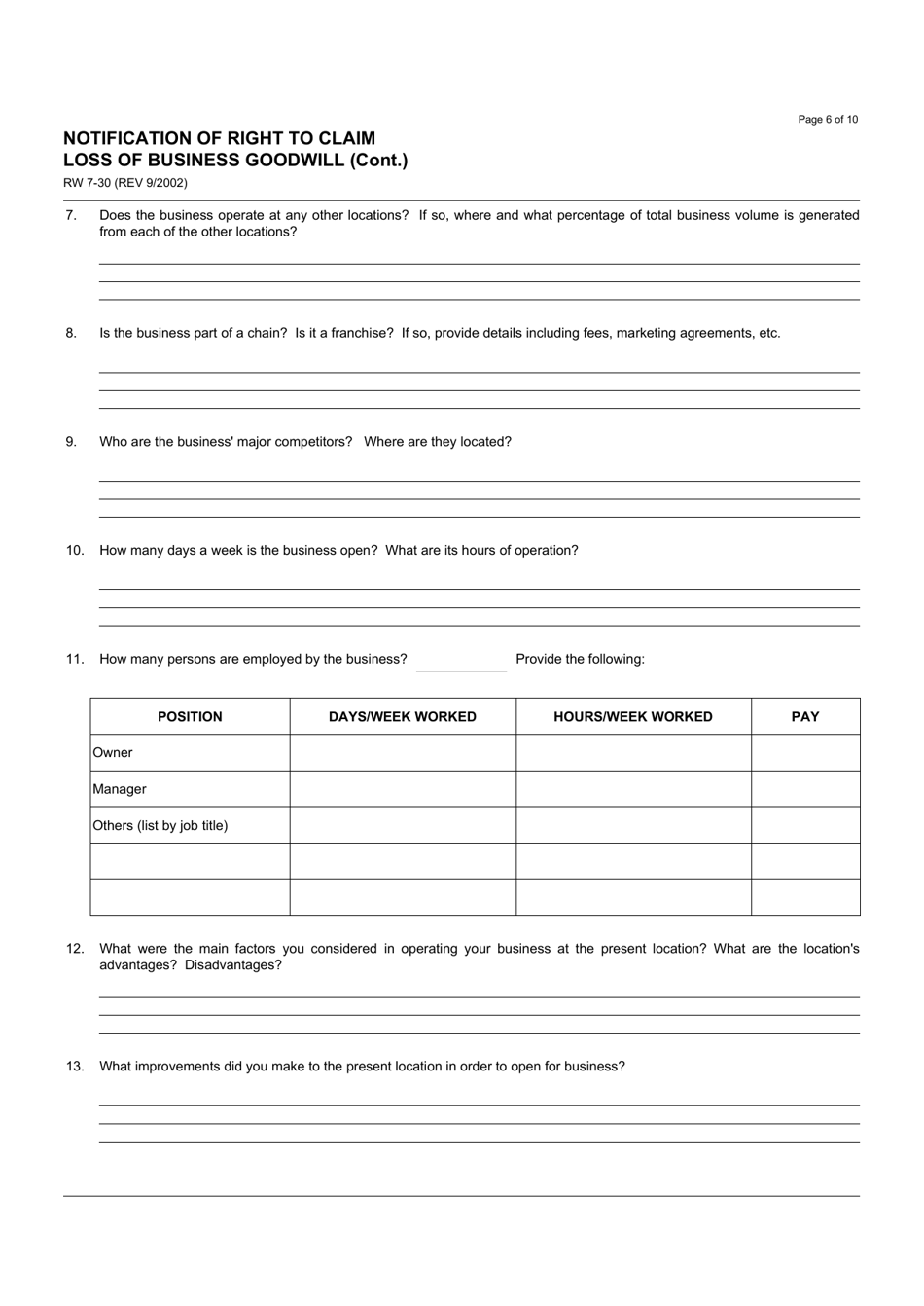 Form RW7-30 Notification of Right to Claim Loss of Business Goodwill - California, Page 6