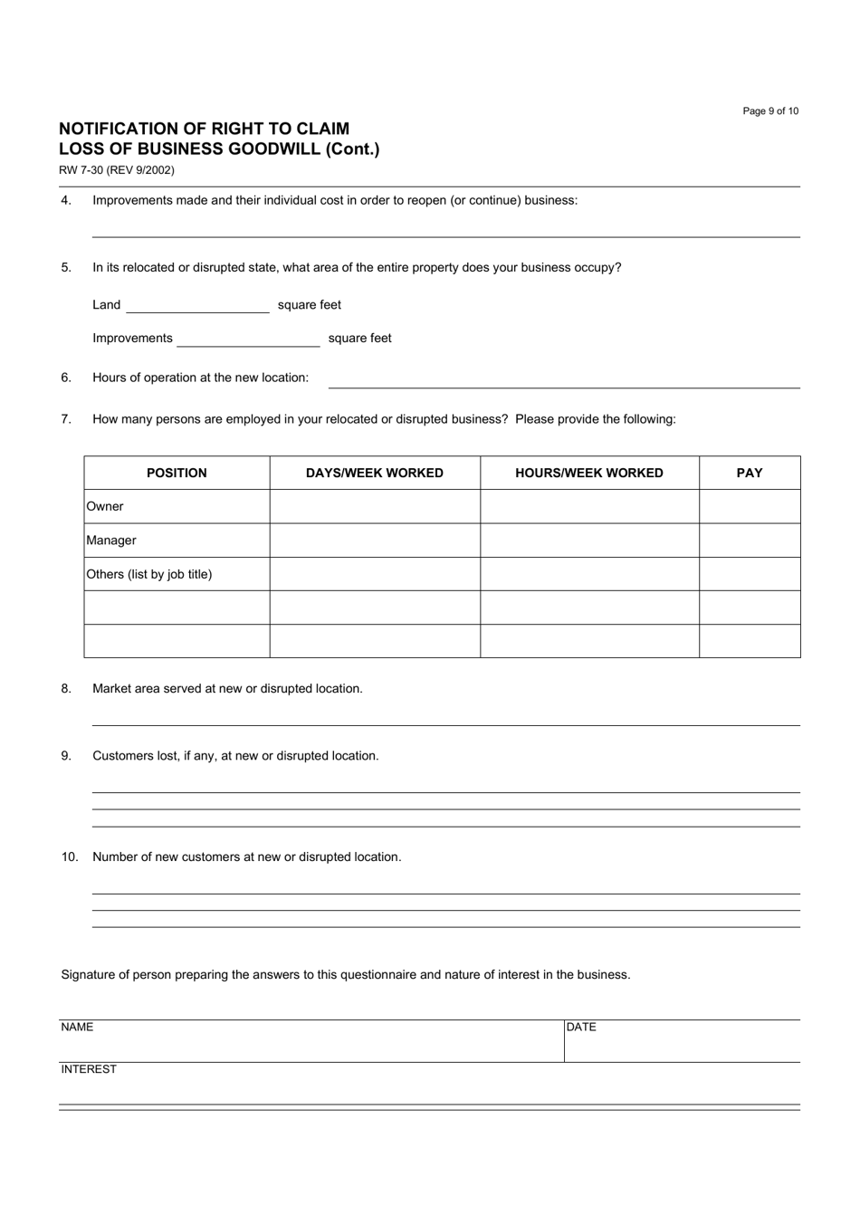 Form RW7-30 Notification of Right to Claim Loss of Business Goodwill - California, Page 9