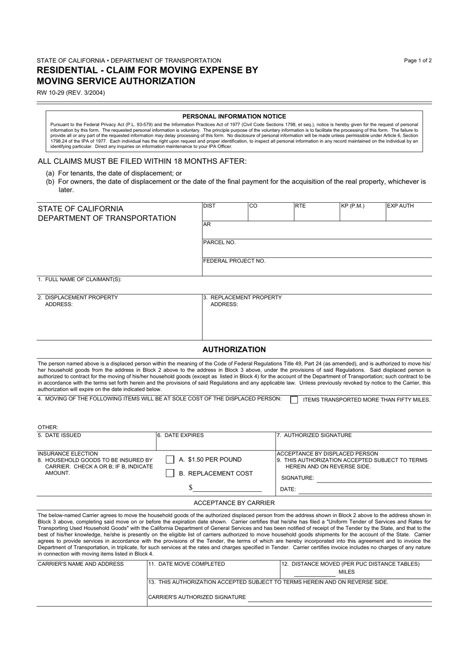 Form RW10-29 Residential - Claim for Moving Expense by Moving Service Authorization - California, Page 1