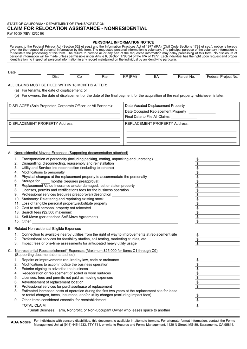 Form RW1030 Download Fillable PDF or Fill Online Claim for Relocation