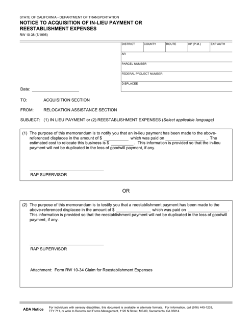 Form RW10-38 Notice to Acquisition of in-Lieu Payment or Reestablishment Expenses - California