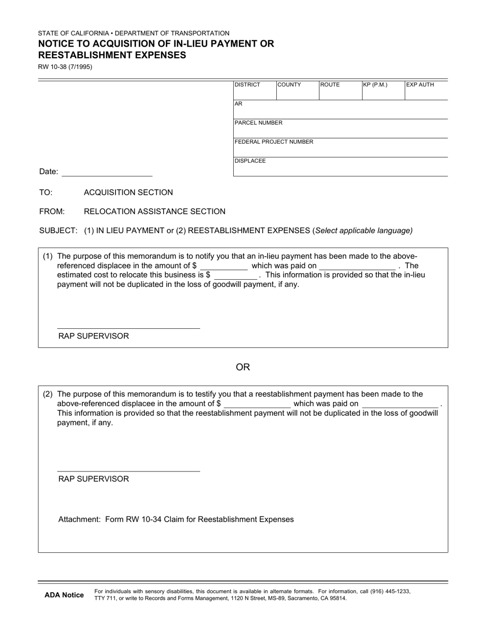 Form RW10-38 Notice to Acquisition of in-Lieu Payment or Reestablishment Expenses - California, Page 1