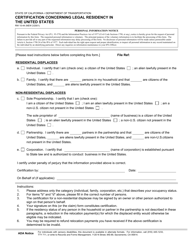Document preview: Form RW10-44 Certification Concerning Legal Residency in the United States (U.S. Residency Certification) - California