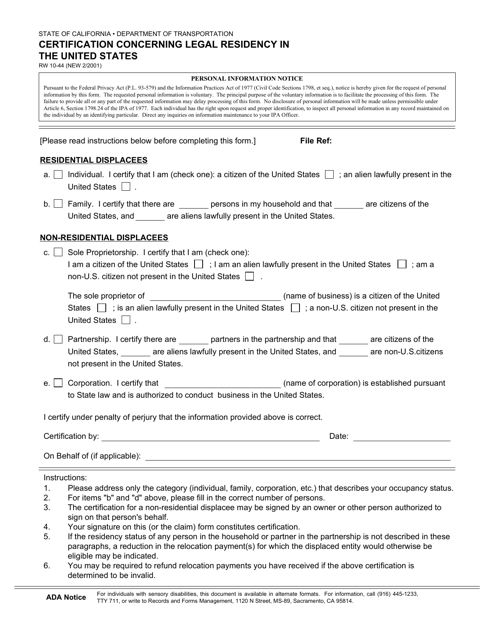 Form RW10-44 Certification Concerning Legal Residency in the United States (U.S. Residency Certification) - California