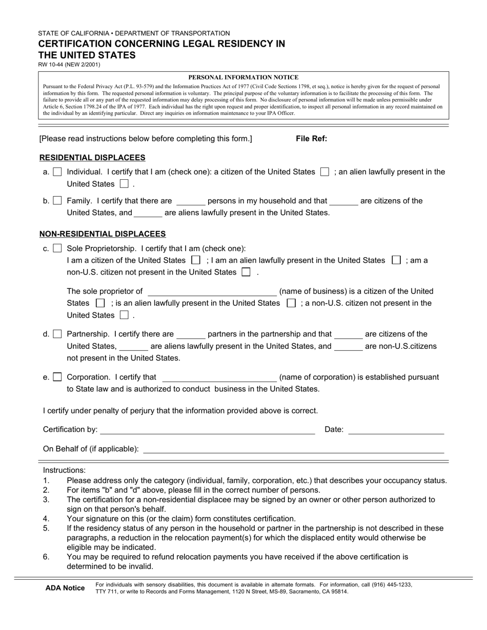 Form RW10-44 Certification Concerning Legal Residency in the United States (U.S. Residency Certification) - California, Page 1