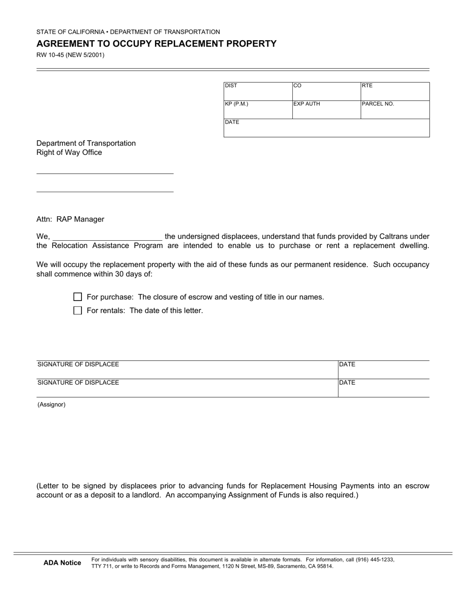 Form RW10-45 Agreement to Occupy Replacement Property - California, Page 1