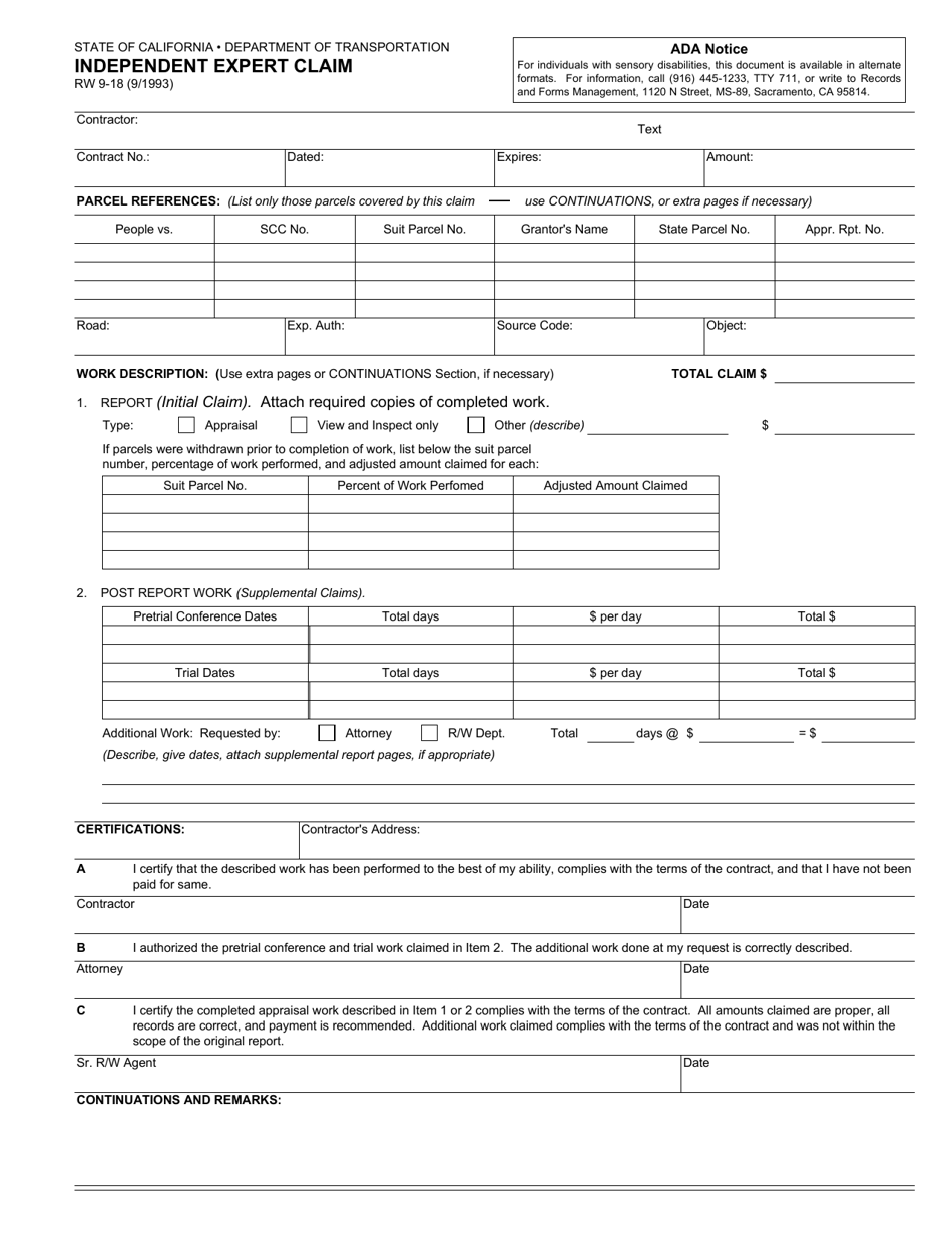 Form RW9-18 Independent Expert Claim - California, Page 1