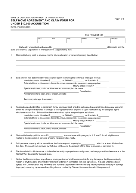 Form RW10-47 Self-move Agreement and Claim Form for Under $10,000 Acquisition - California