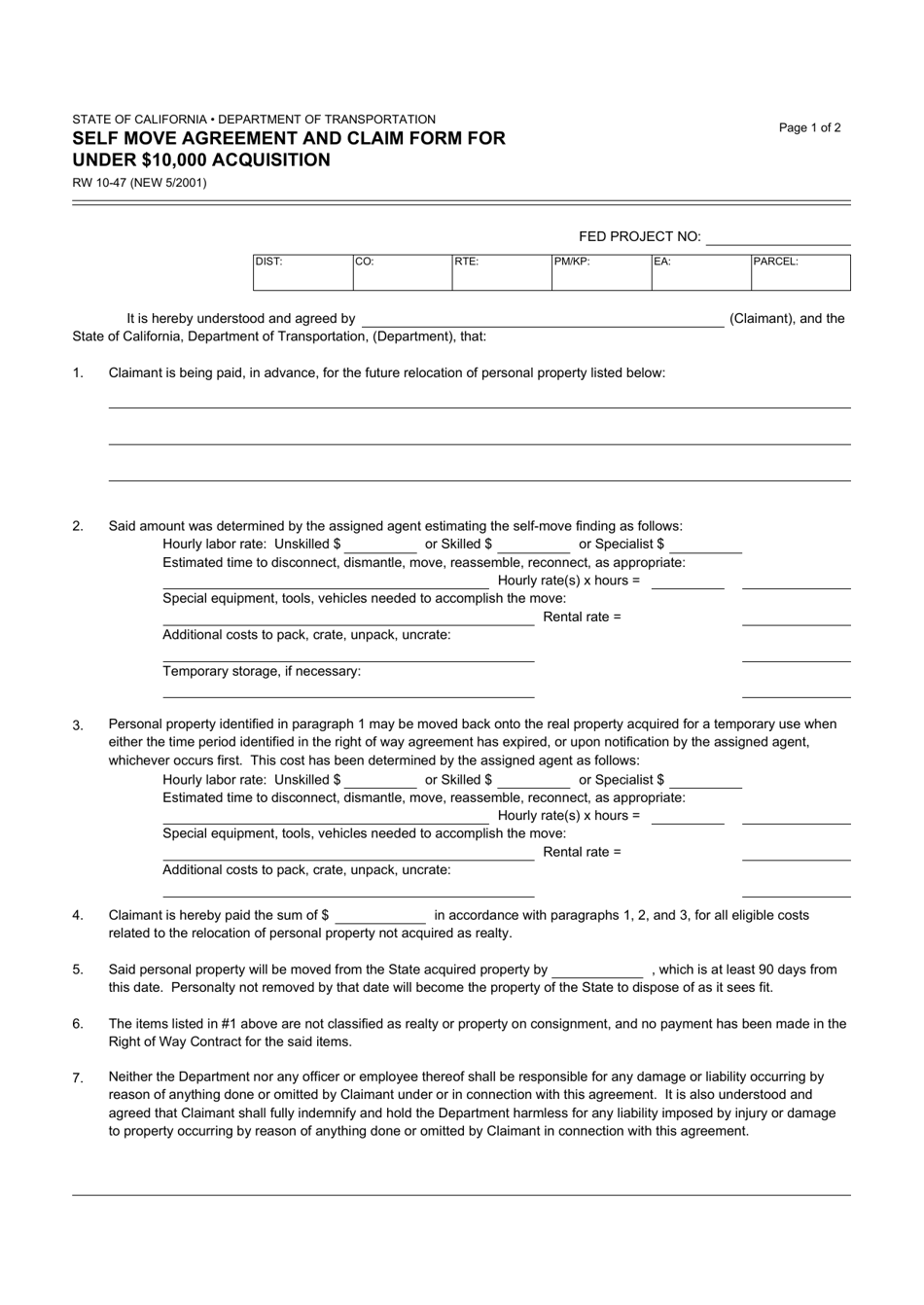 Form RW10-47 Self-move Agreement and Claim Form for Under $10,000 Acquisition - California, Page 1