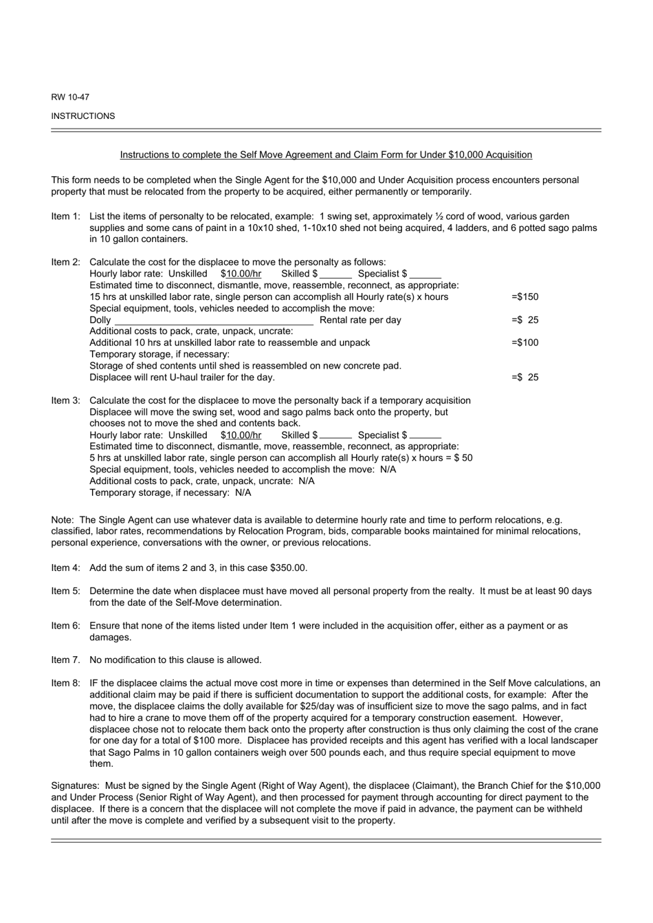 Form RW10-47 Self-move Agreement and Claim Form for Under $10,000 Acquisition - California, Page 3