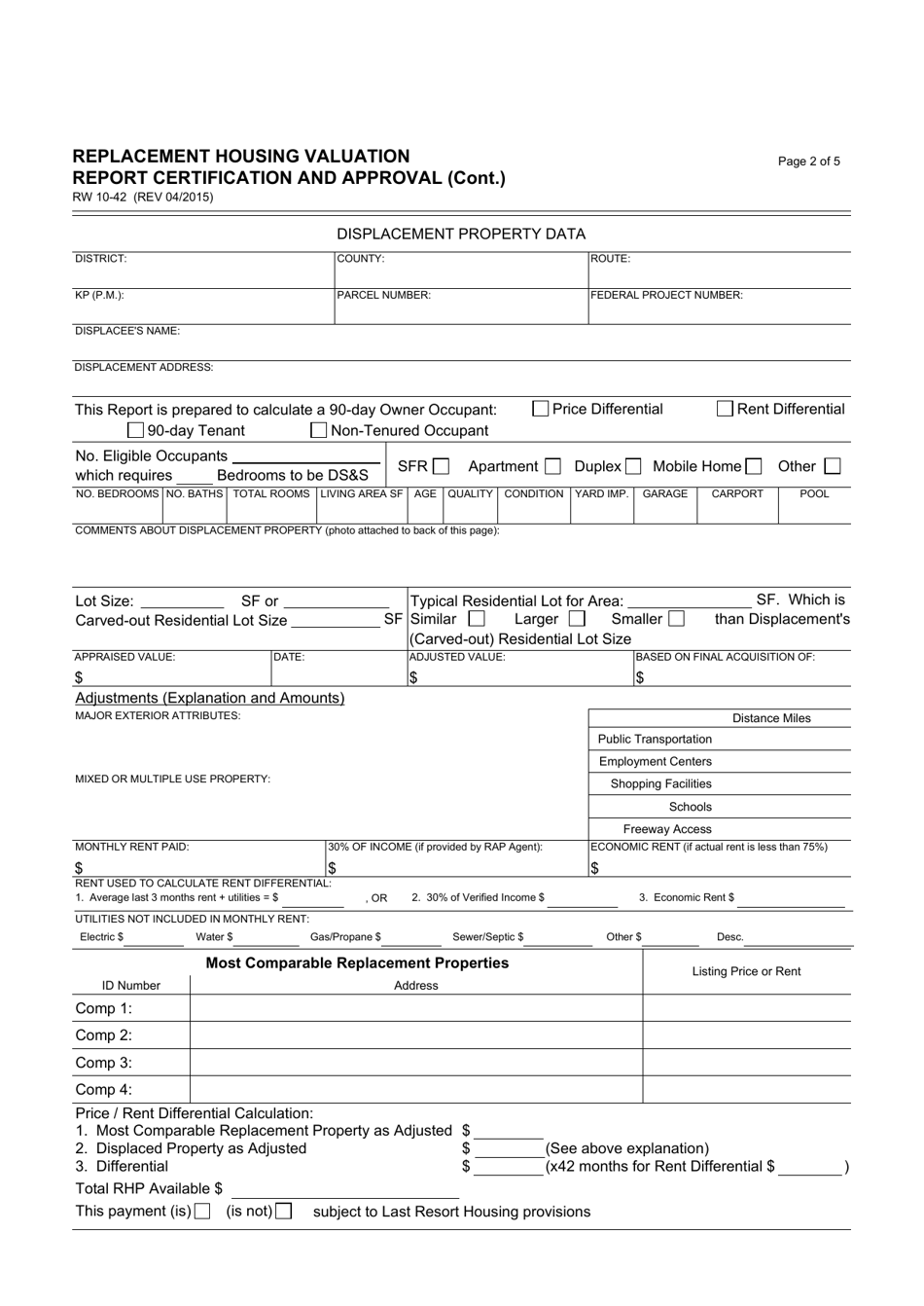 Form RW10-42 Replacement Housing Valuation Report Certification and Approval - California, Page 2