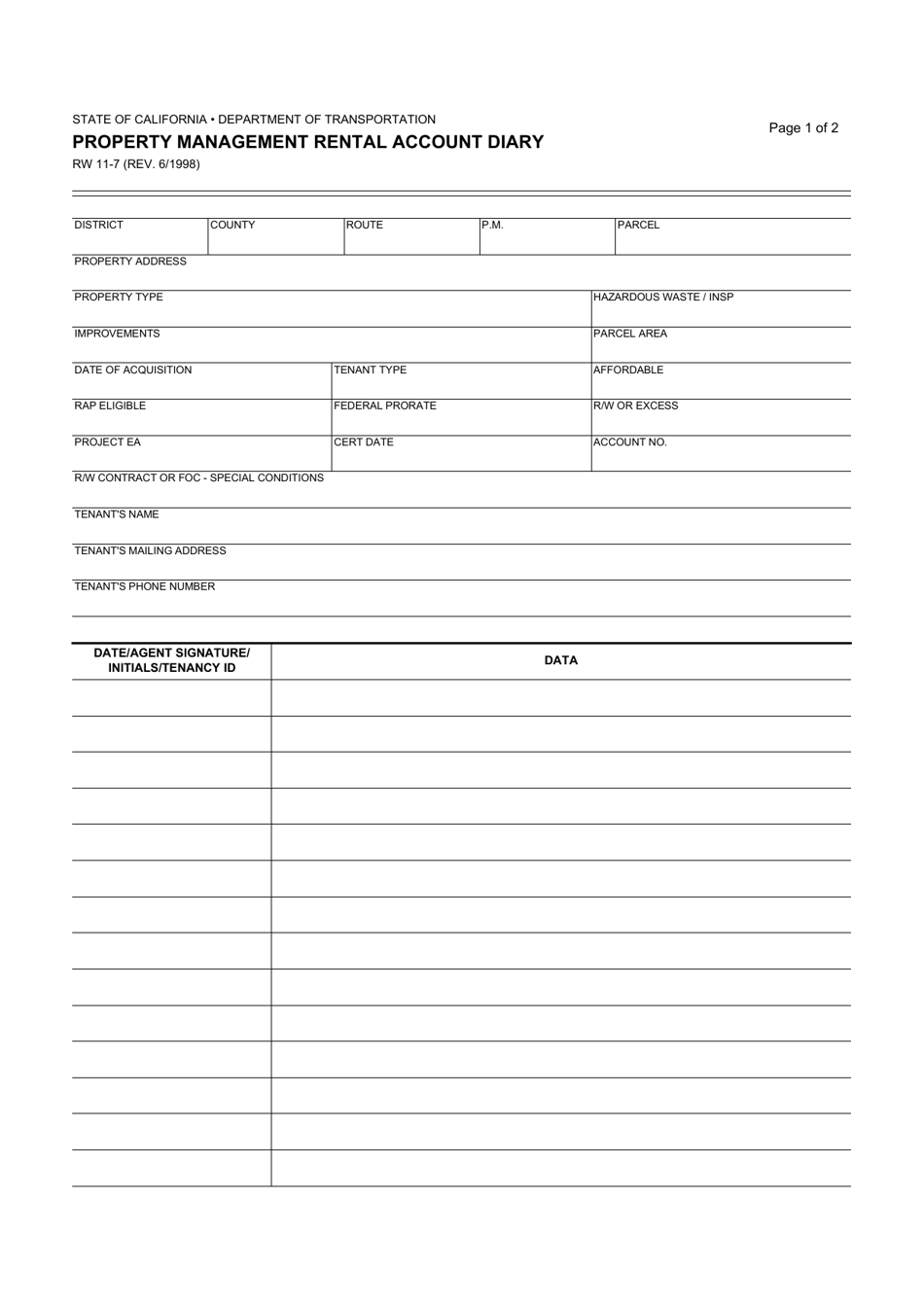 Form RW11-7 Property Management Rental Account Diary - California, Page 1