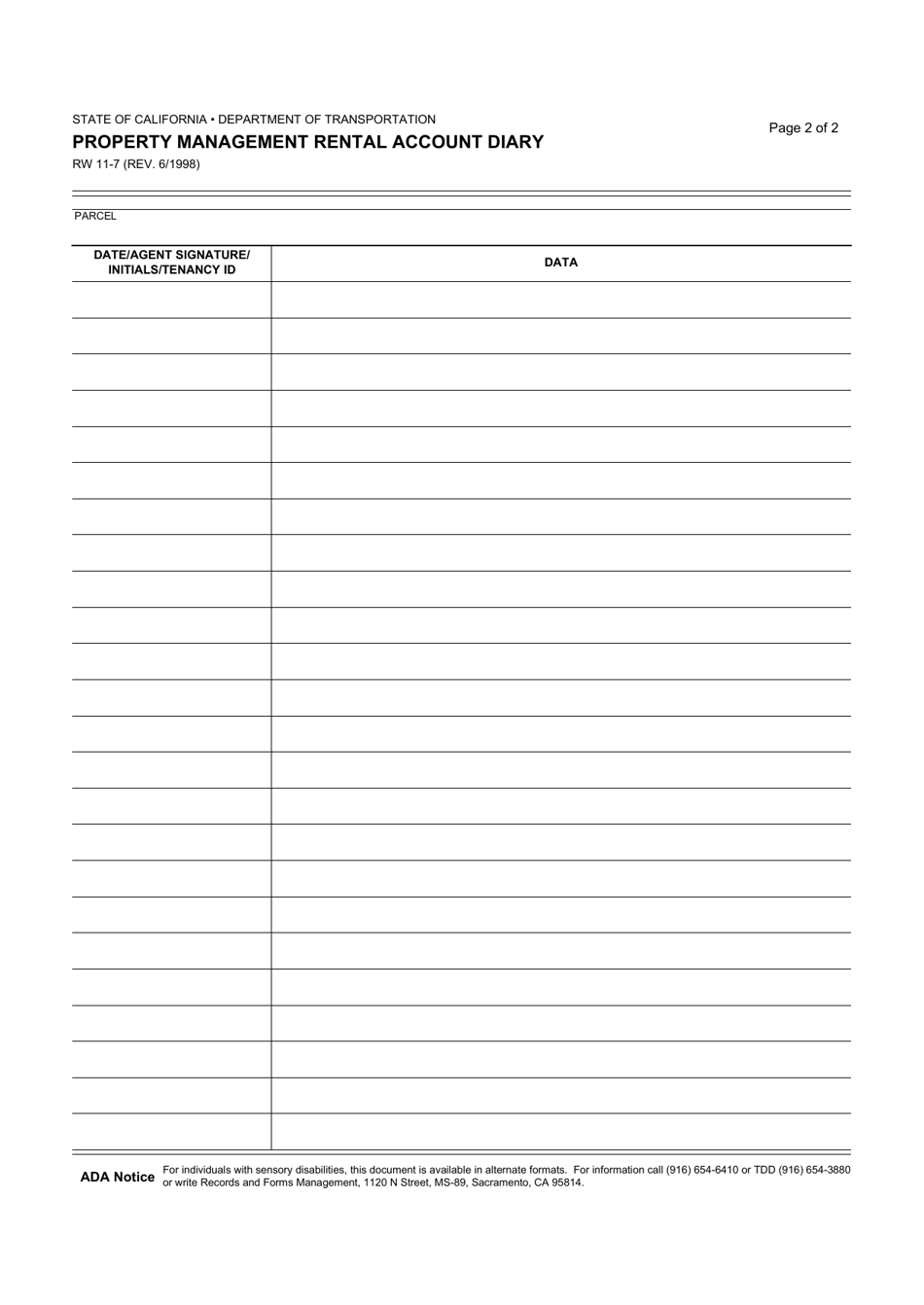 Form RW11-7 Property Management Rental Account Diary - California, Page 2