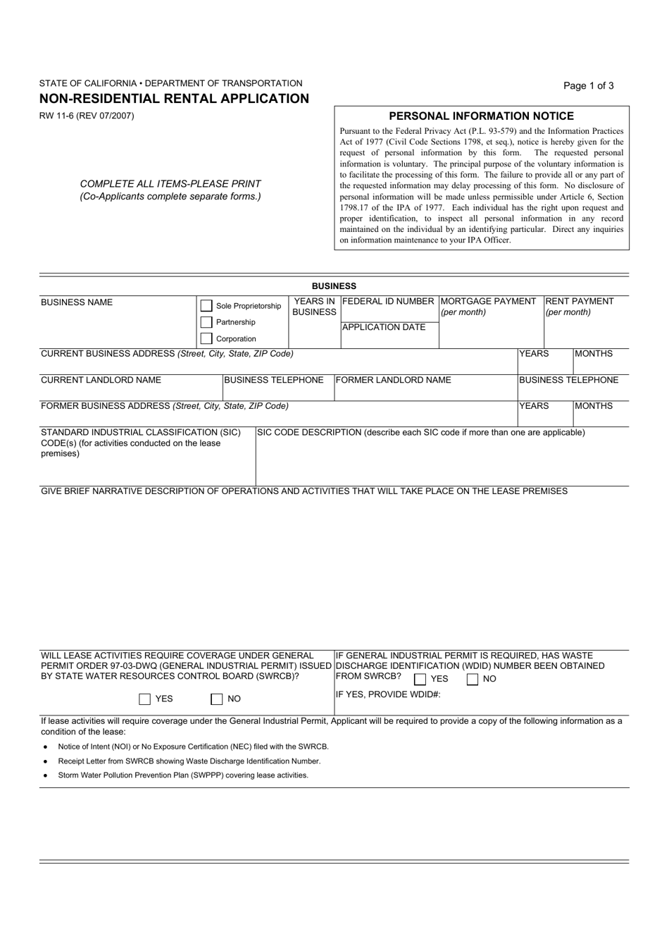 Form RW11-6 Non-residential Rental Application - California, Page 1