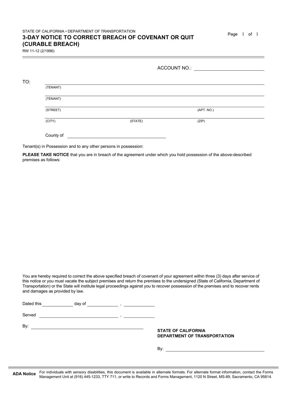 Form RW11-12 3-day Notice to Correct Breach of Covenant or Quit (Curable Breach) - California, Page 1