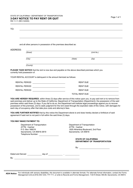 Form RW11-11 3-day Notice to Pay Rent or Quit - California