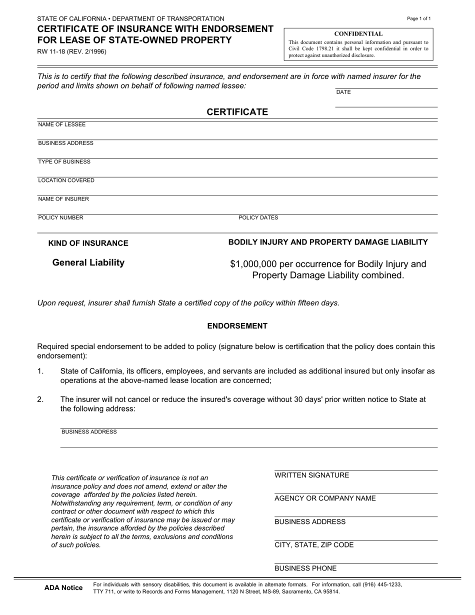 Form RW11-18 Certificate of Insurance With Endorsement for Lease of State-Owned Property - California, Page 1