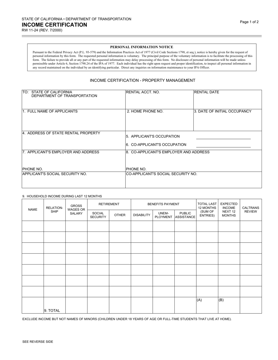 Form RW11-24 Income Certification - California, Page 1