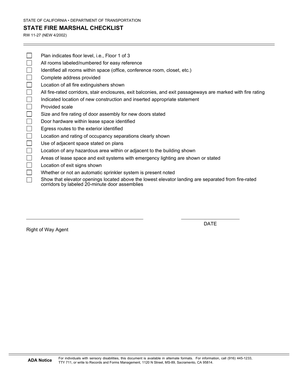 Form RW11-27 State Fire Marshal Checklist - California, Page 1
