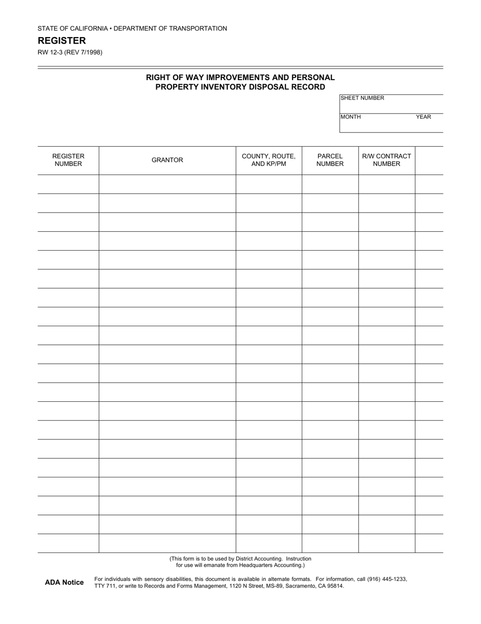 Form RW12-3 Register - California, Page 1