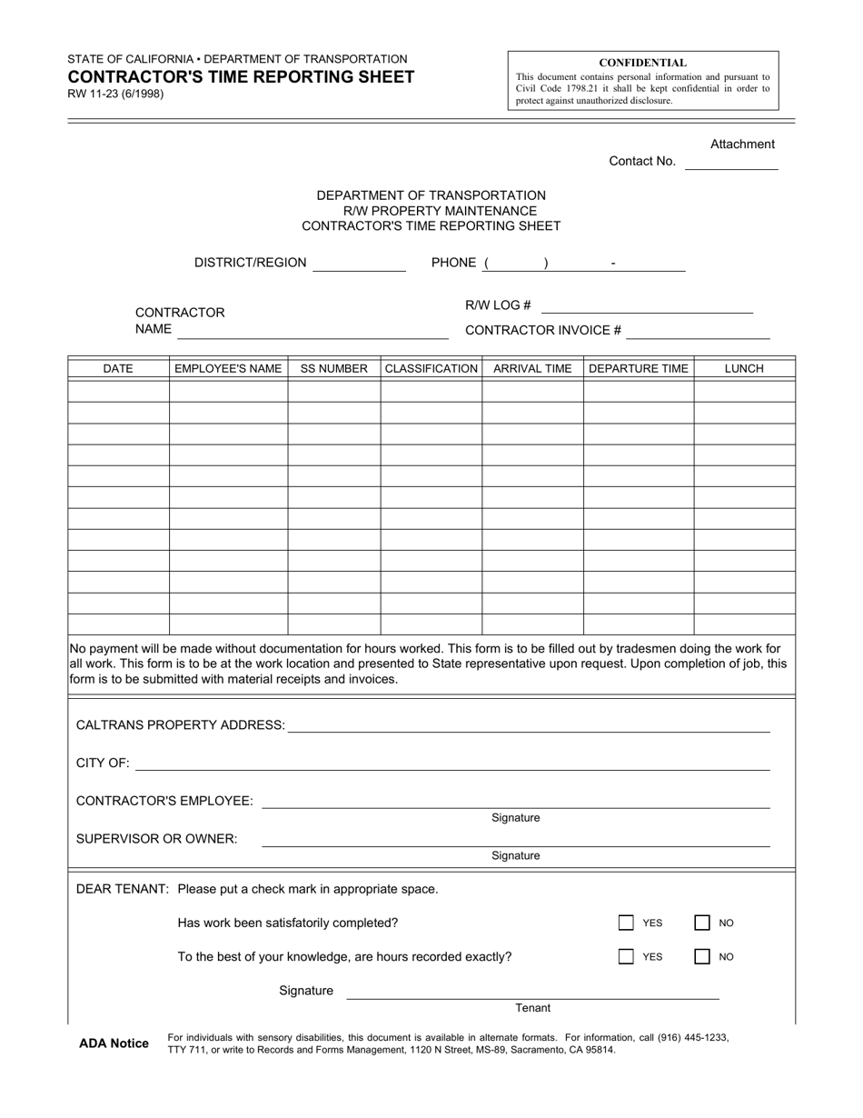 Form RW11-23 Contractors Time Reporting Sheet - California, Page 1