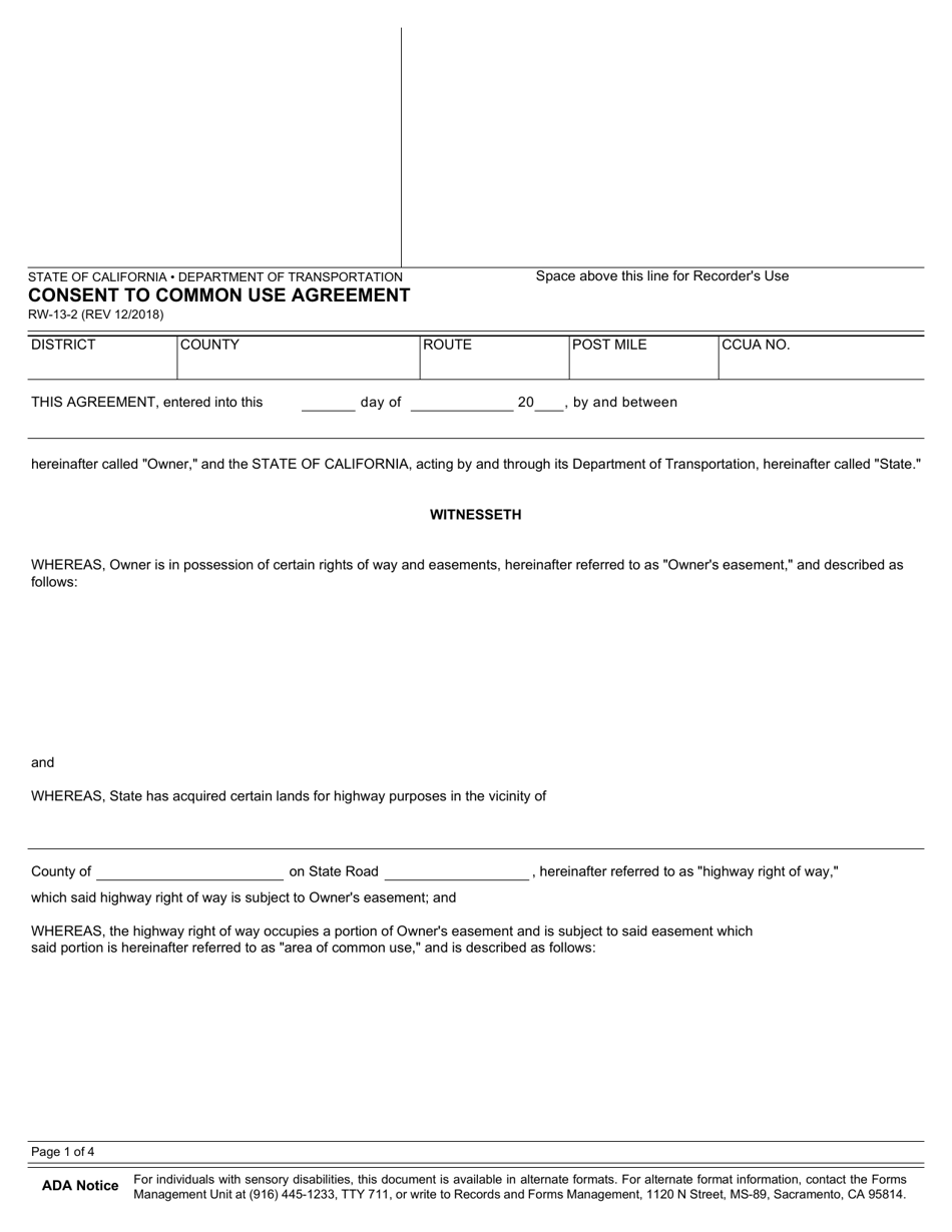 Form RW-13-2 Consent to Common Use Agreement - California, Page 1