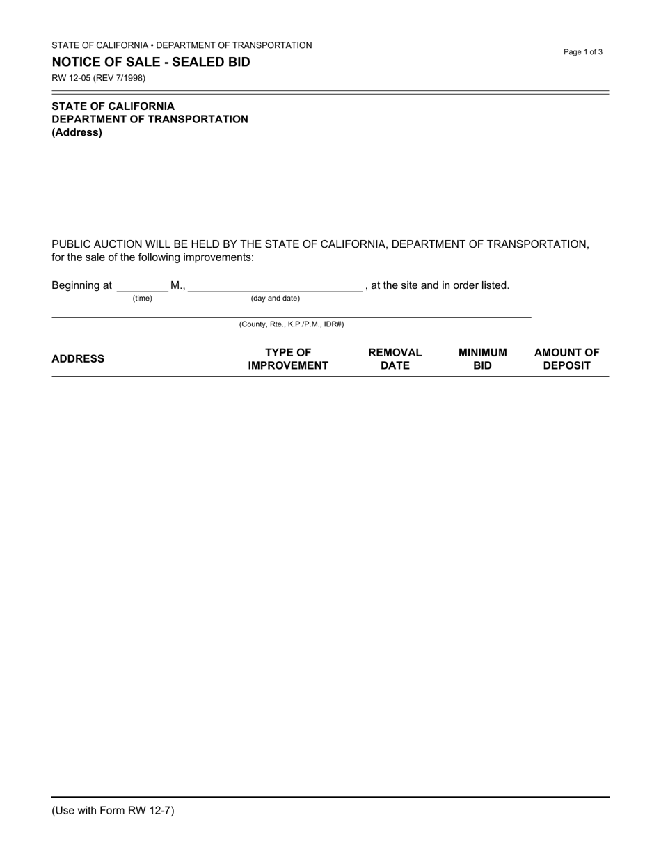 Form RW12-05 Notice of Sale - Sealed Bid - California, Page 1